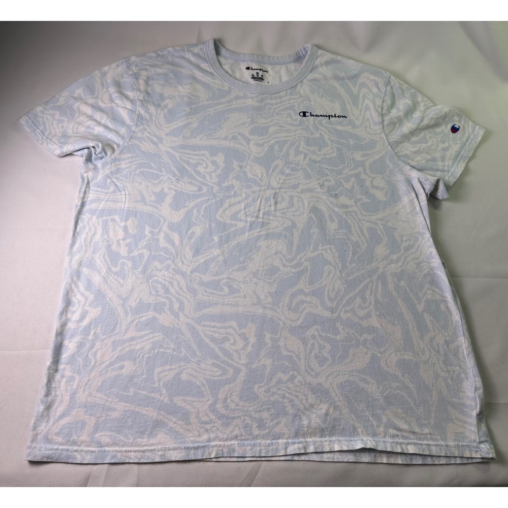 Champion T-Shirt‎ XL Blue Marble Swirl Print Spell Out Logo Short Sleeve AS IS - Picture 2 of 10